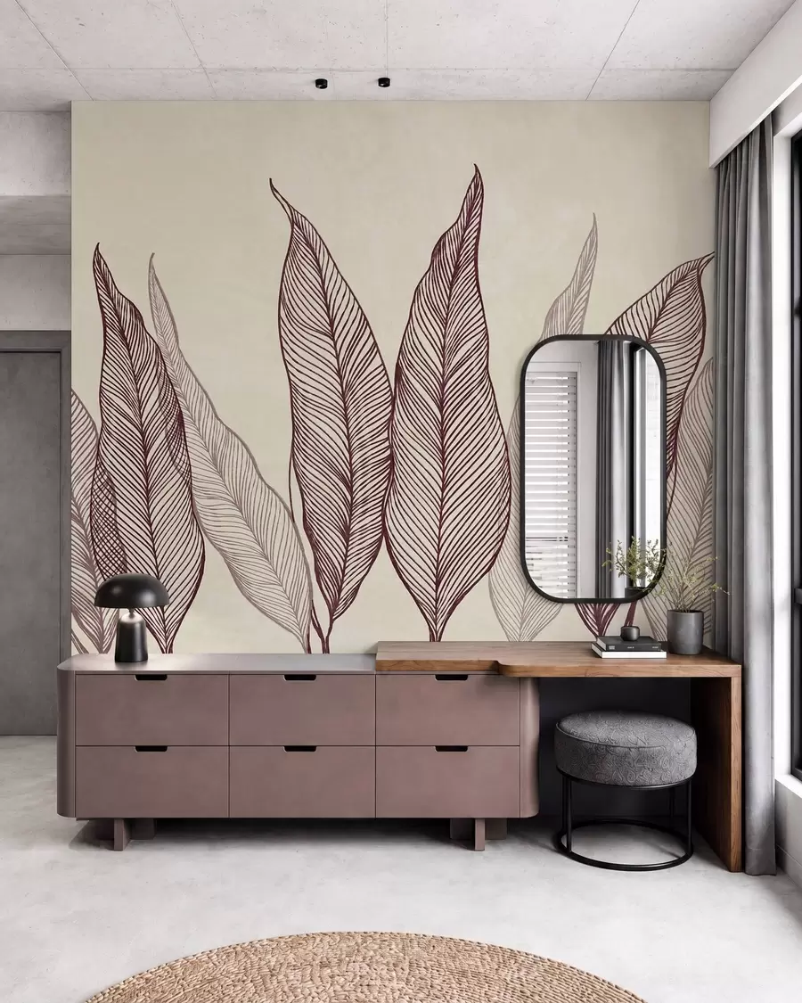 murais de parede Folhas em tom bordô estilizadas com detalhes de linhas intricadas sobre um fundo bege; arte com textura w10030v1