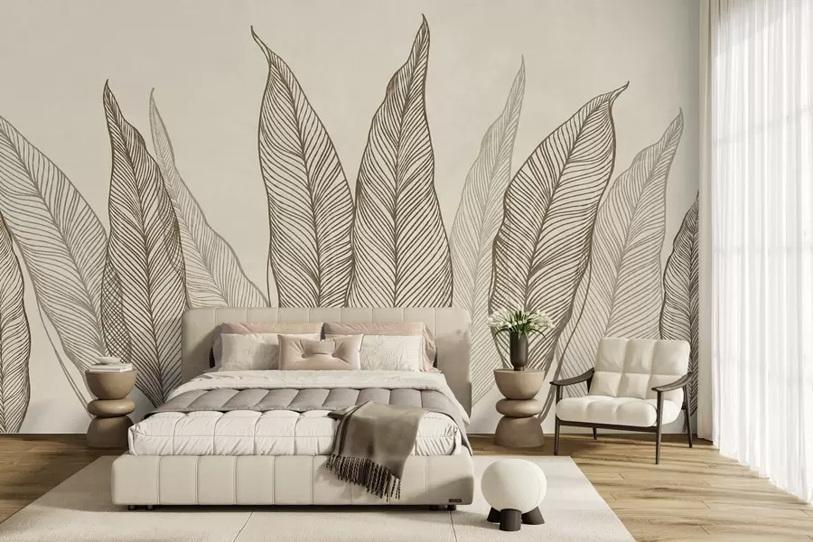 murais de parede Folhas marrons estilizadas com detalhes de traços intricados sobre um fundo bege, arte texturizada w10030v2