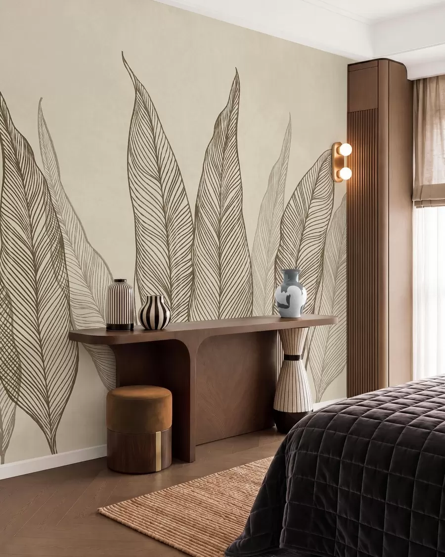 murais de parede Folhas marrons estilizadas com detalhes de traços intricados sobre um fundo bege, arte texturizada w10030v2