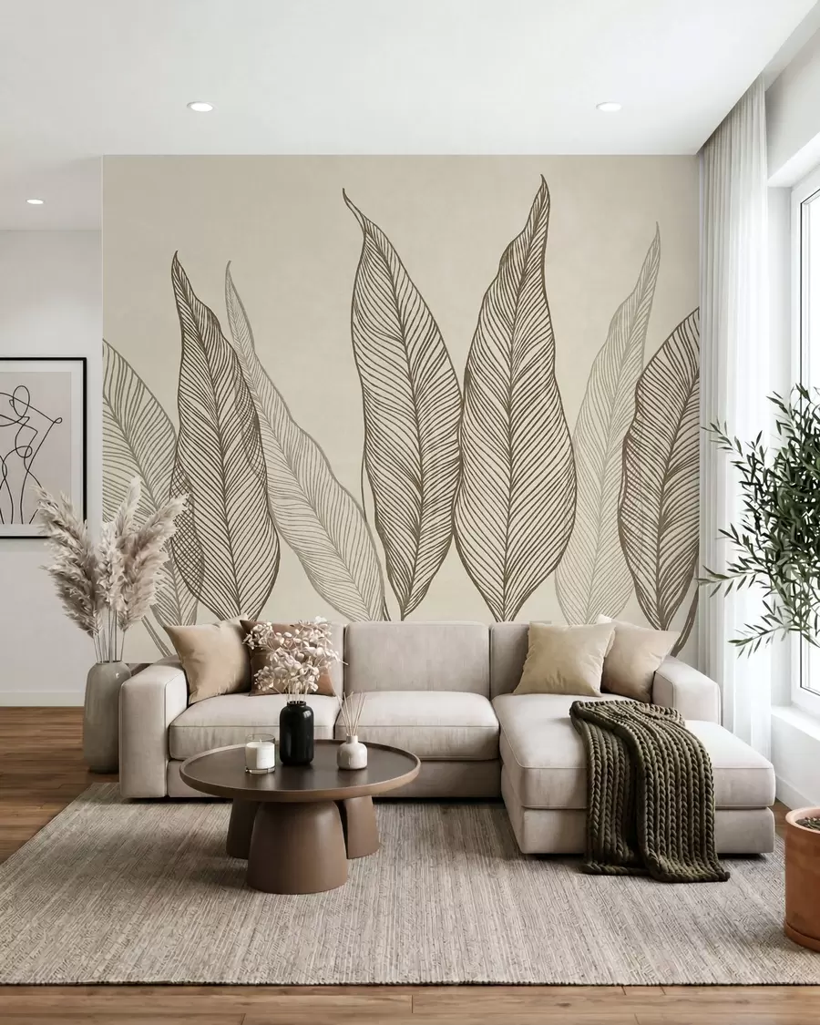 murais de parede Folhas marrons estilizadas com detalhes de traços intricados sobre um fundo bege, arte texturizada w10030v2