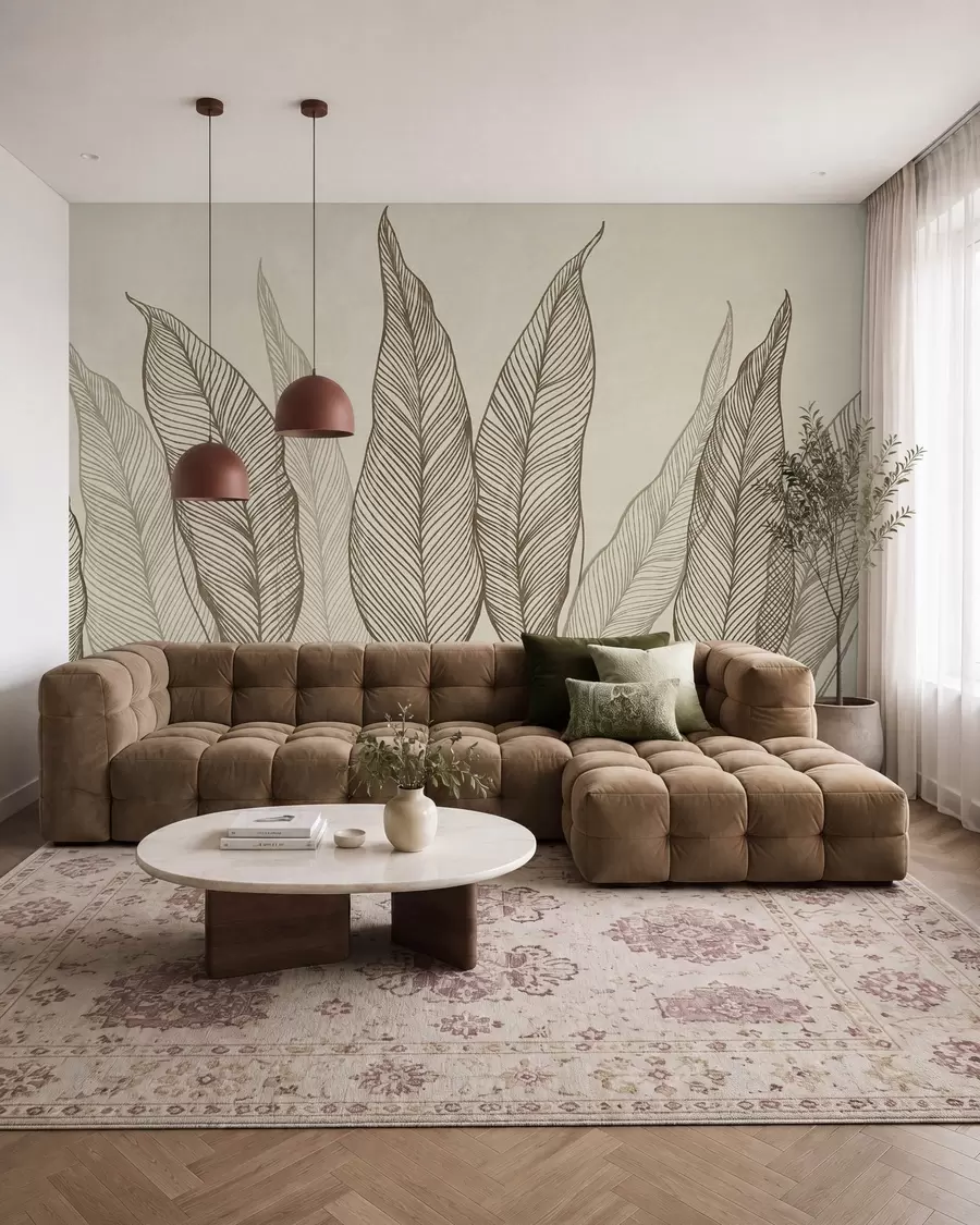 murais de parede Folhas marrons estilizadas com detalhes de traços intricados sobre um fundo bege, arte texturizada w10030v2