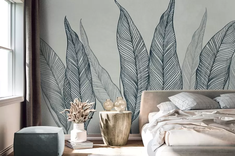 murais de parede Folhas azuis estilizadas com detalhes de linhas intricadas sobre um fundo cinza, arte texturizada w10030v3