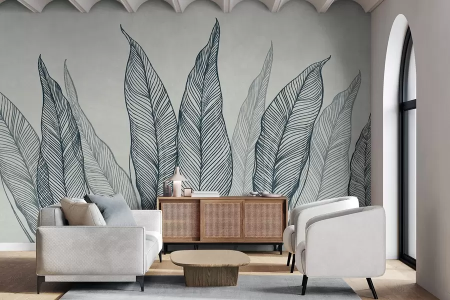 murais de parede Folhas azuis estilizadas com detalhes de linhas intricadas sobre um fundo cinza, arte texturizada w10030v3