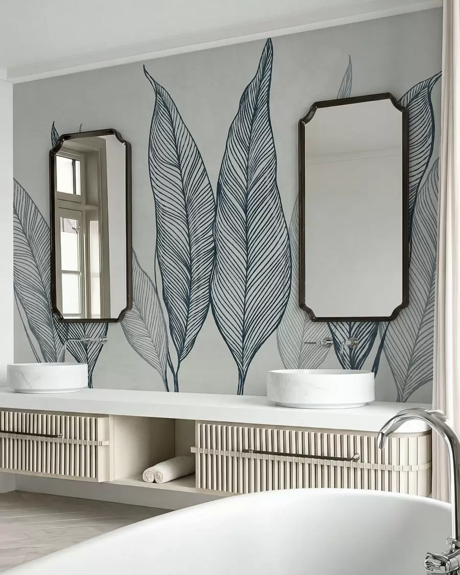 murais de parede Folhas azuis estilizadas com detalhes de linhas intricadas sobre um fundo cinza, arte texturizada w10030v3