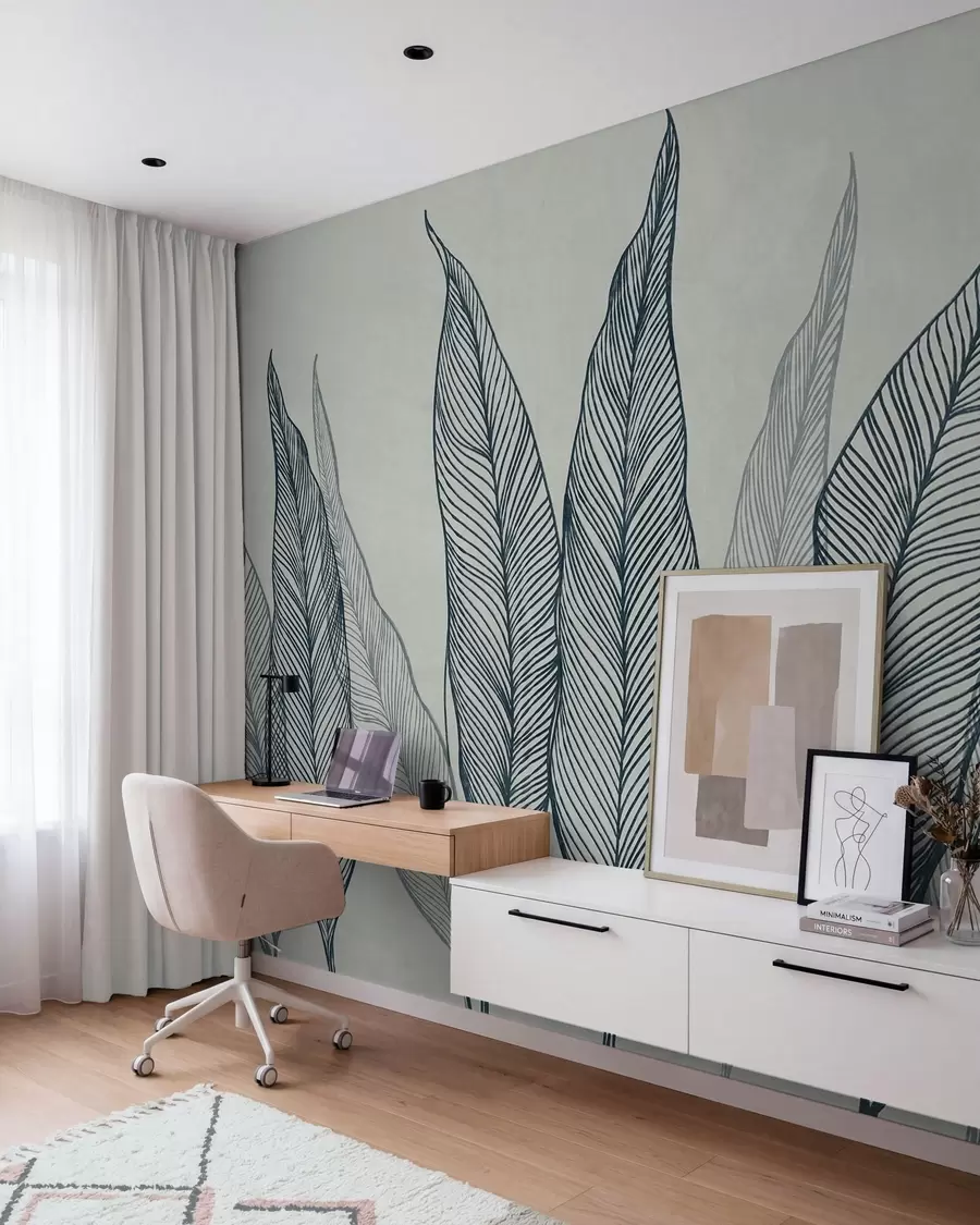 murais de parede Folhas azuis estilizadas com detalhes de linhas intricadas sobre um fundo cinza, arte texturizada w10030v3