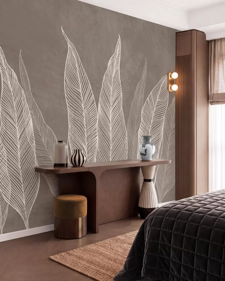 murais de parede Folhas brancas estilizadas com detalhes de linhas intricadas sobre um fundo marrom; arte texturizada w10030v4