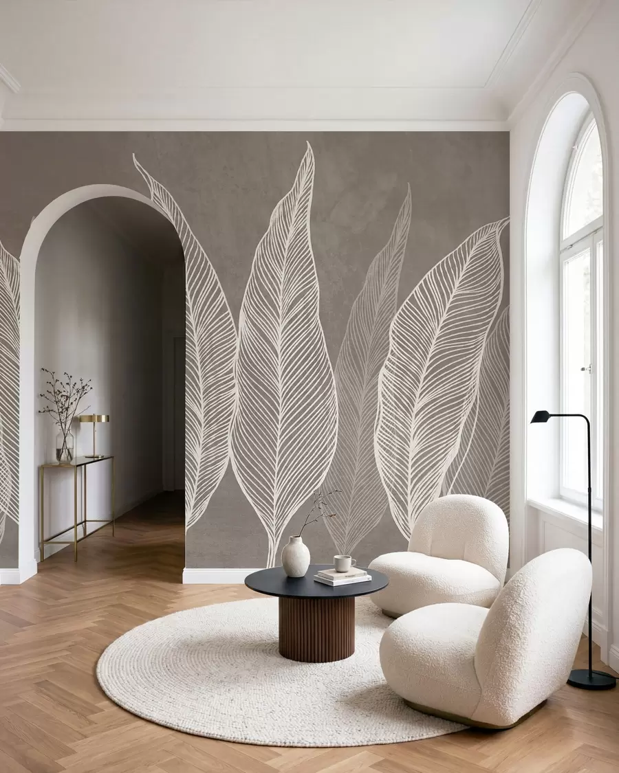murais de parede Folhas brancas estilizadas com detalhes de linhas intricadas sobre um fundo marrom; arte texturizada w10030v4