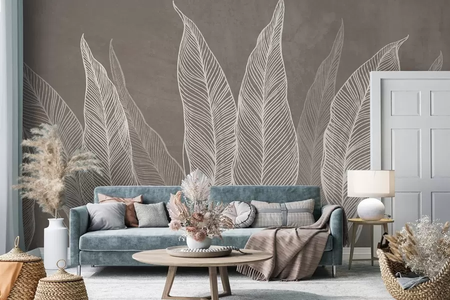 murais de parede Folhas brancas estilizadas com detalhes de linhas intricadas sobre um fundo marrom; arte texturizada w10030v4
