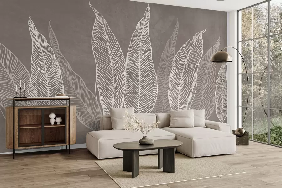 murais de parede Folhas brancas estilizadas com detalhes de linhas intricadas sobre um fundo marrom; arte texturizada w10030v4