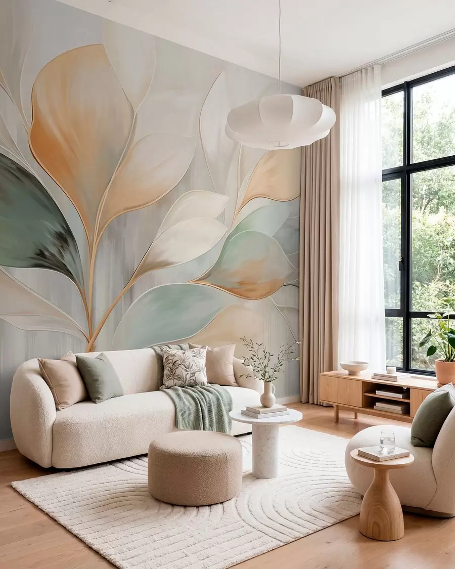 murais de parede Folhas abstratas em tons de creme, pêssego e verde w05861