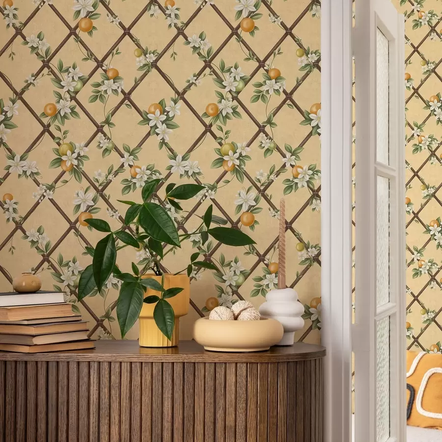 murais de parede Flores e frutas cítricas sobre um fundo creme com treliça a01261v2