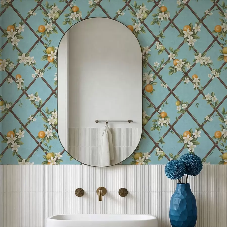 murais de parede Flores e frutas cítricas sobre um fundo azul com treliça a01261v3