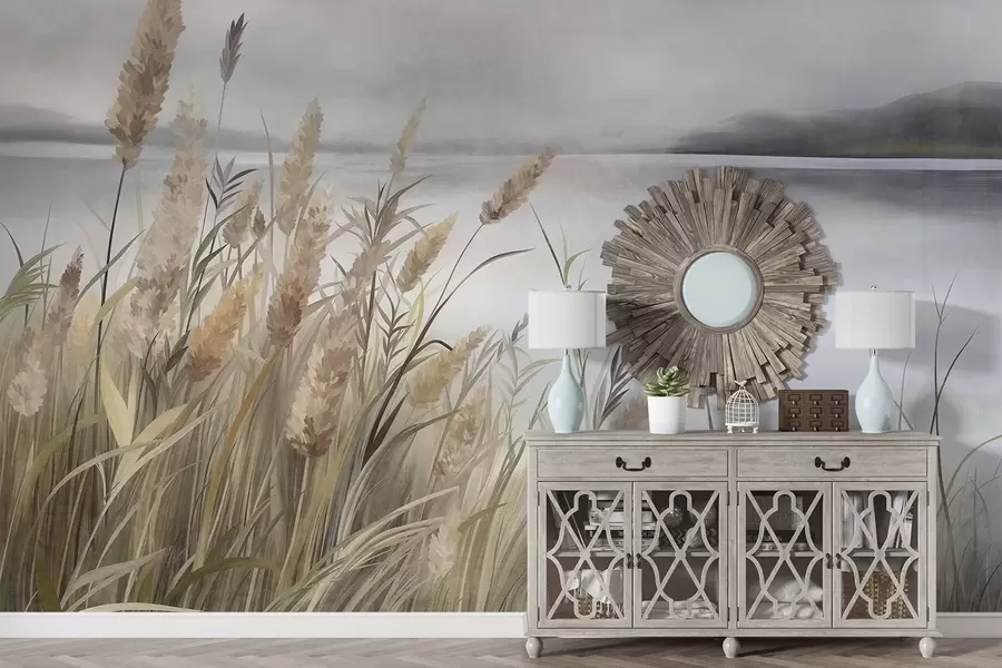 murais de parede Grama alta e seca e juncos em primeiro plano, paisagem com textura, cores pastéis w10017