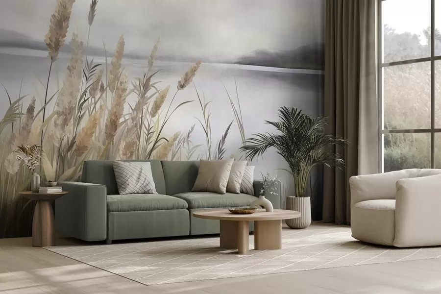 murais de parede Grama alta e seca e juncos em primeiro plano, paisagem com textura, cores pastéis w10017