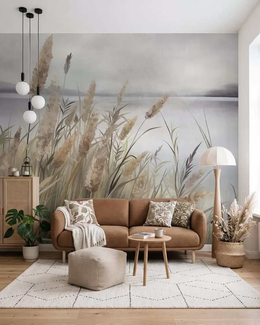 murais de parede Grama alta e seca e juncos em primeiro plano, paisagem com textura, cores pastéis w10017