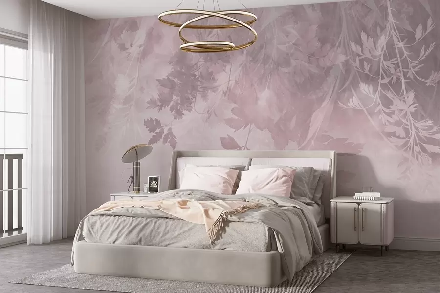 murais de parede Folhas e galhos com textura contra um fundo rosa suave e discreto w10020v1