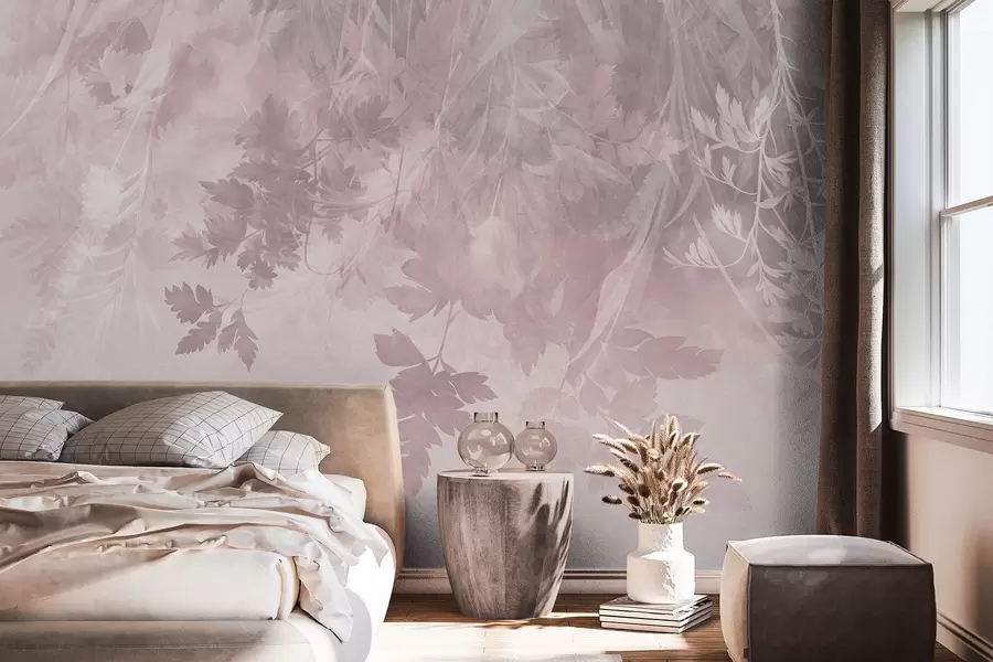 murais de parede Folhas e galhos com textura contra um fundo rosa suave e discreto w10020v1