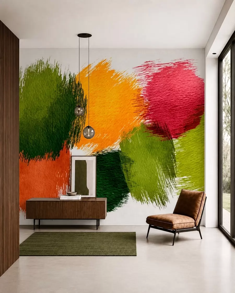 murais de parede Traços abstratos em verde, laranja e rosa w05859