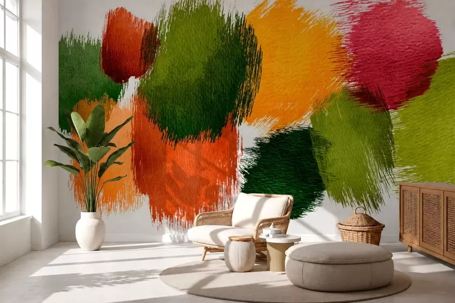 murais de parede Traços abstratos em verde, laranja e rosa w05859