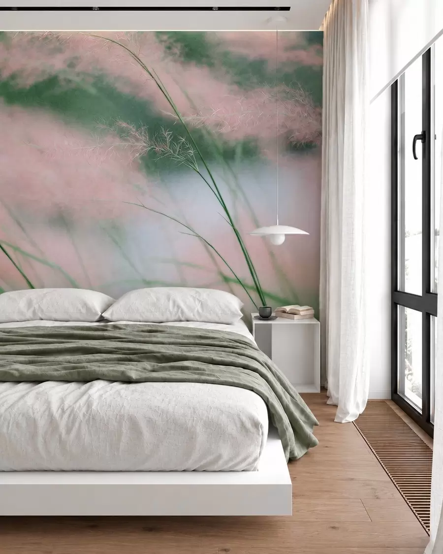 murais de parede Gramíneas em tons delicados de rosa contra um fundo verde suave w05886