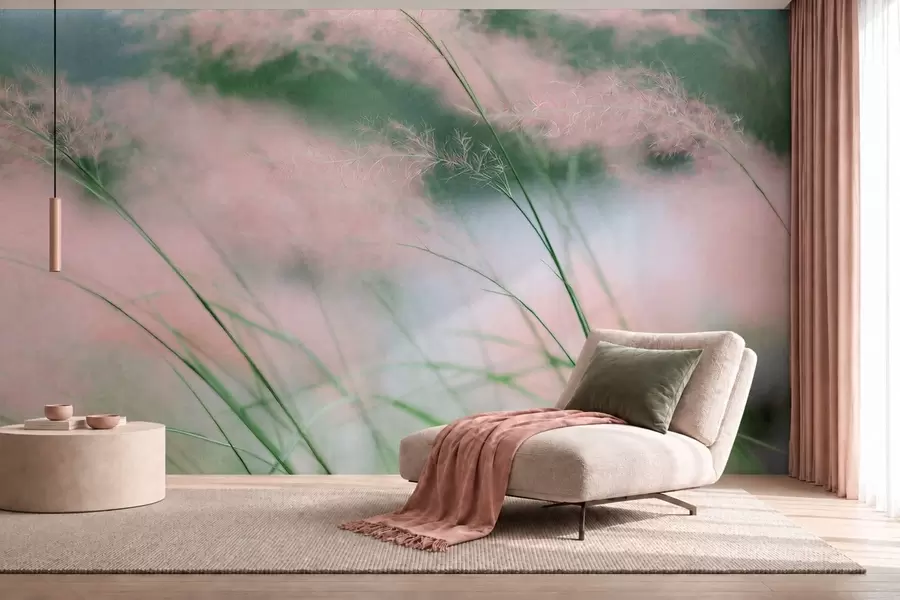murais de parede Gramíneas em tons delicados de rosa contra um fundo verde suave w05886