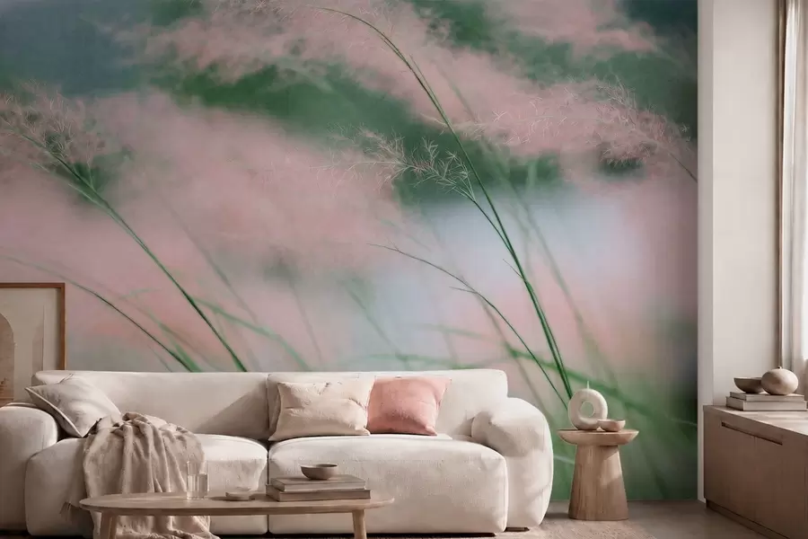 murais de parede Gramíneas em tons delicados de rosa contra um fundo verde suave w05886