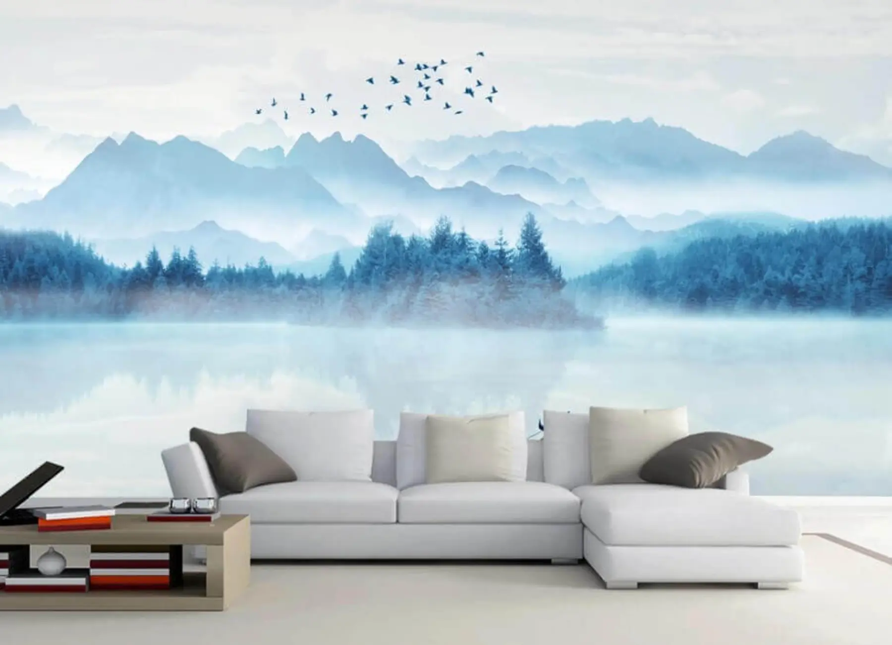 murais de parede Montanhas, barco em um lago nebuloso u32395