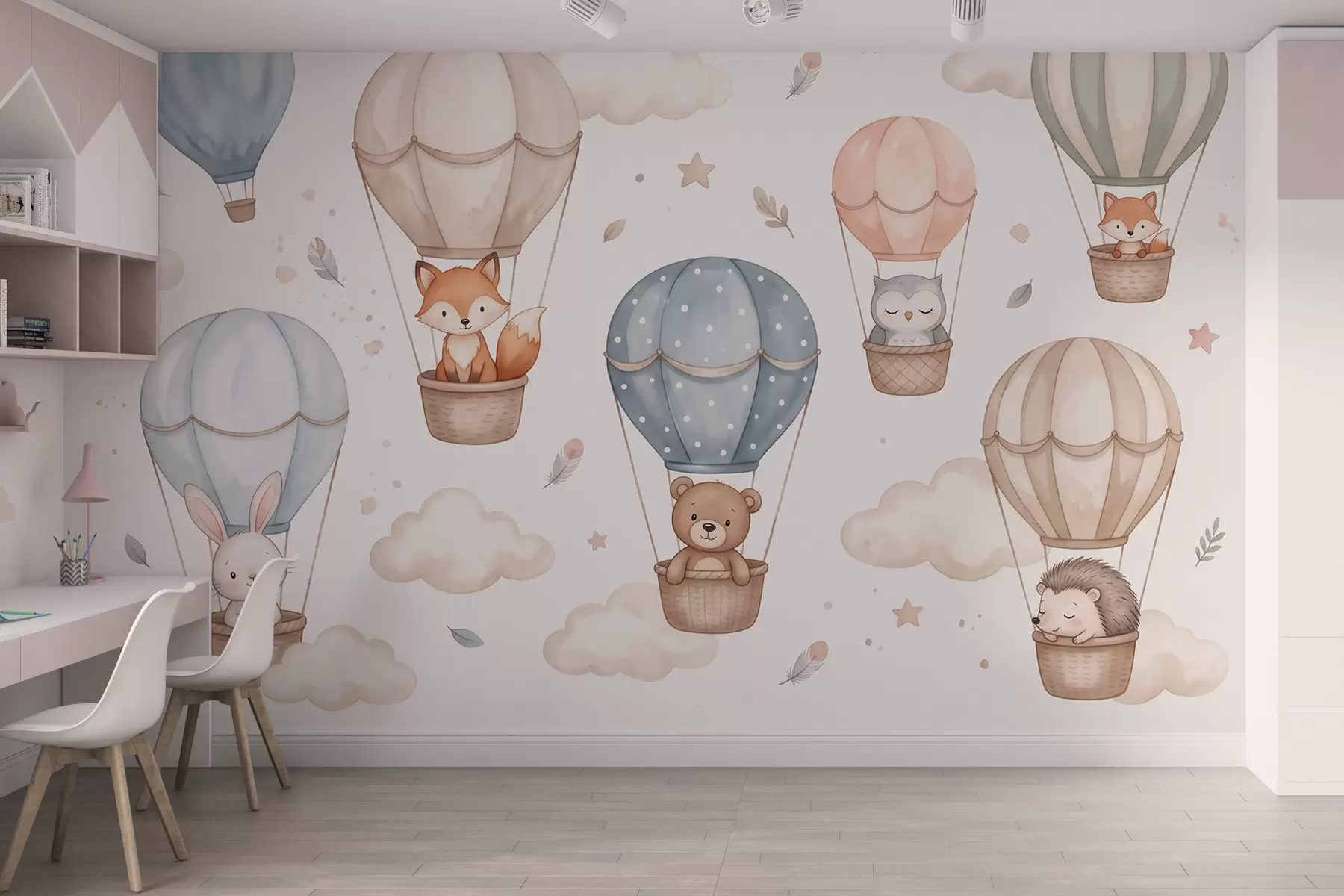 murais de parede Animais da floresta em balões de ar quente, em estilo aquarela, com paleta de tons pastéis w10001