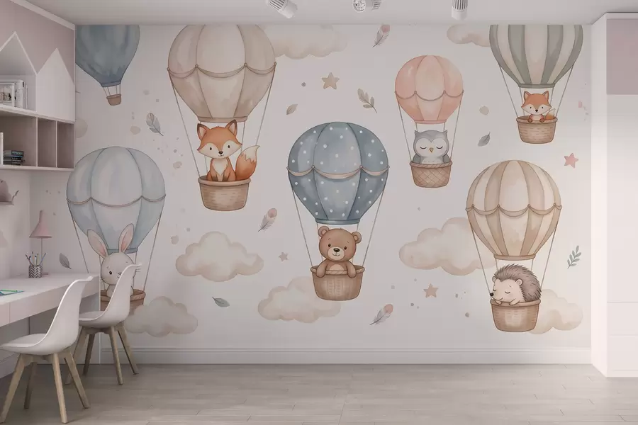 murais de parede Animais da floresta em balões de ar quente, em estilo aquarela, com paleta de tons pastéis w10001