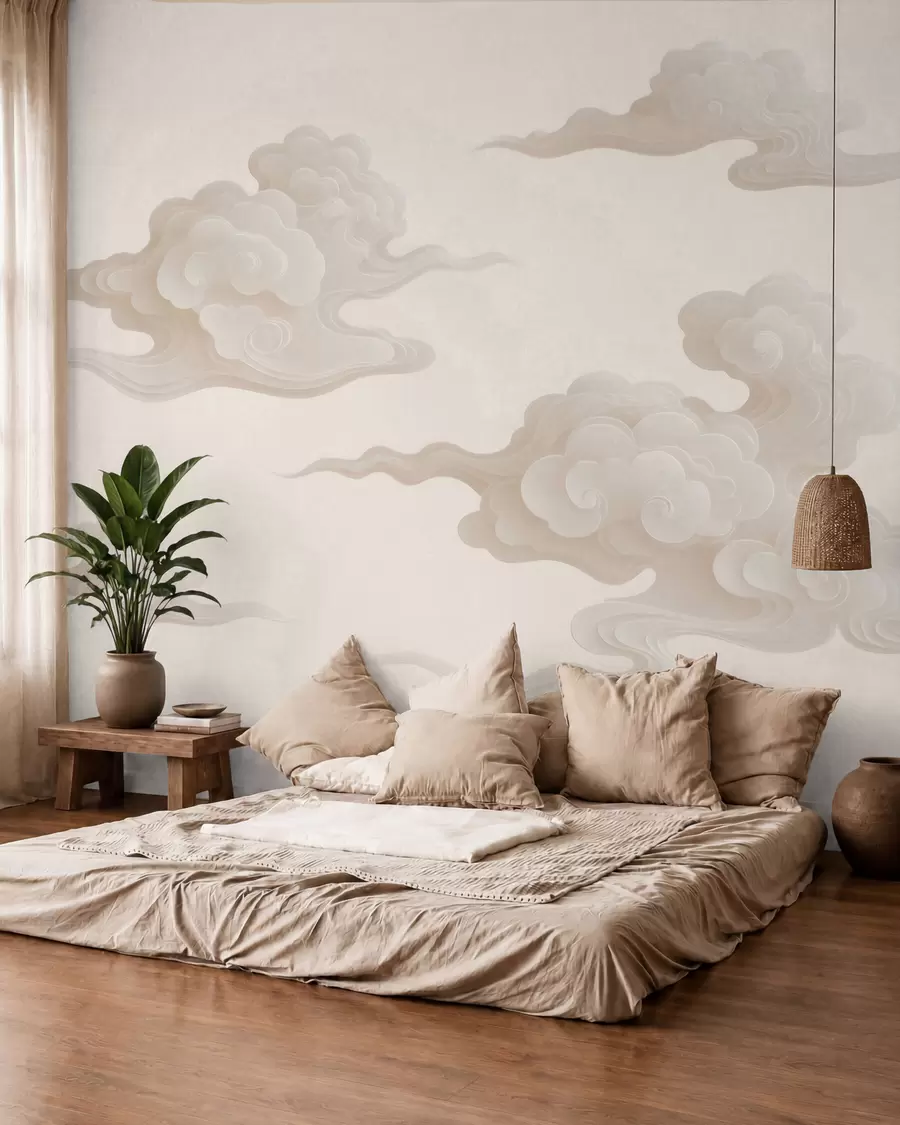 murais de parede Nuvens orientais minimalistas em tons de bege-creme w10036