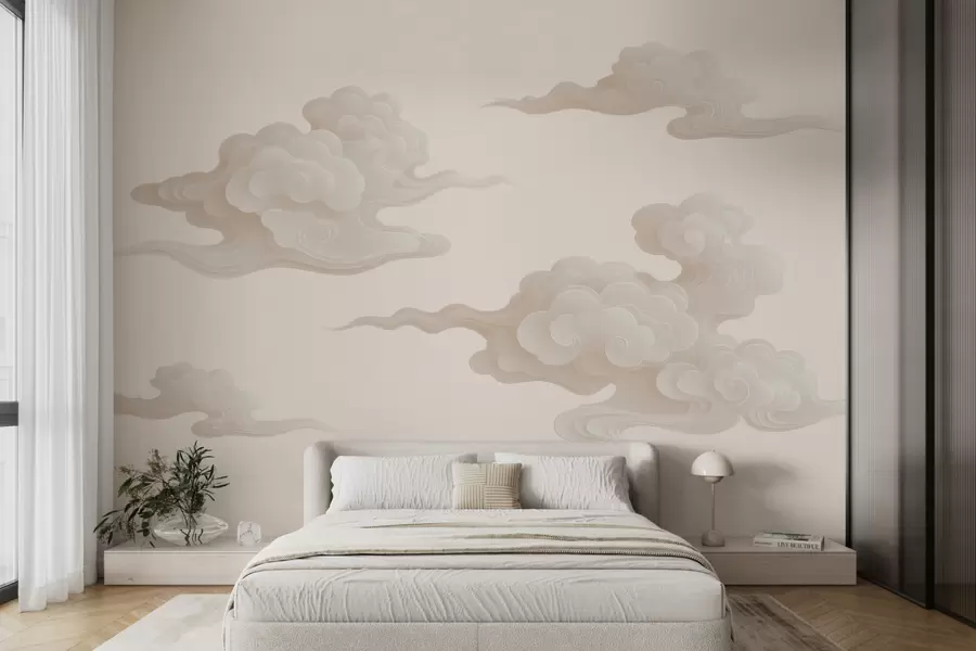 murais de parede Nuvens orientais minimalistas em tons de bege-creme w10036