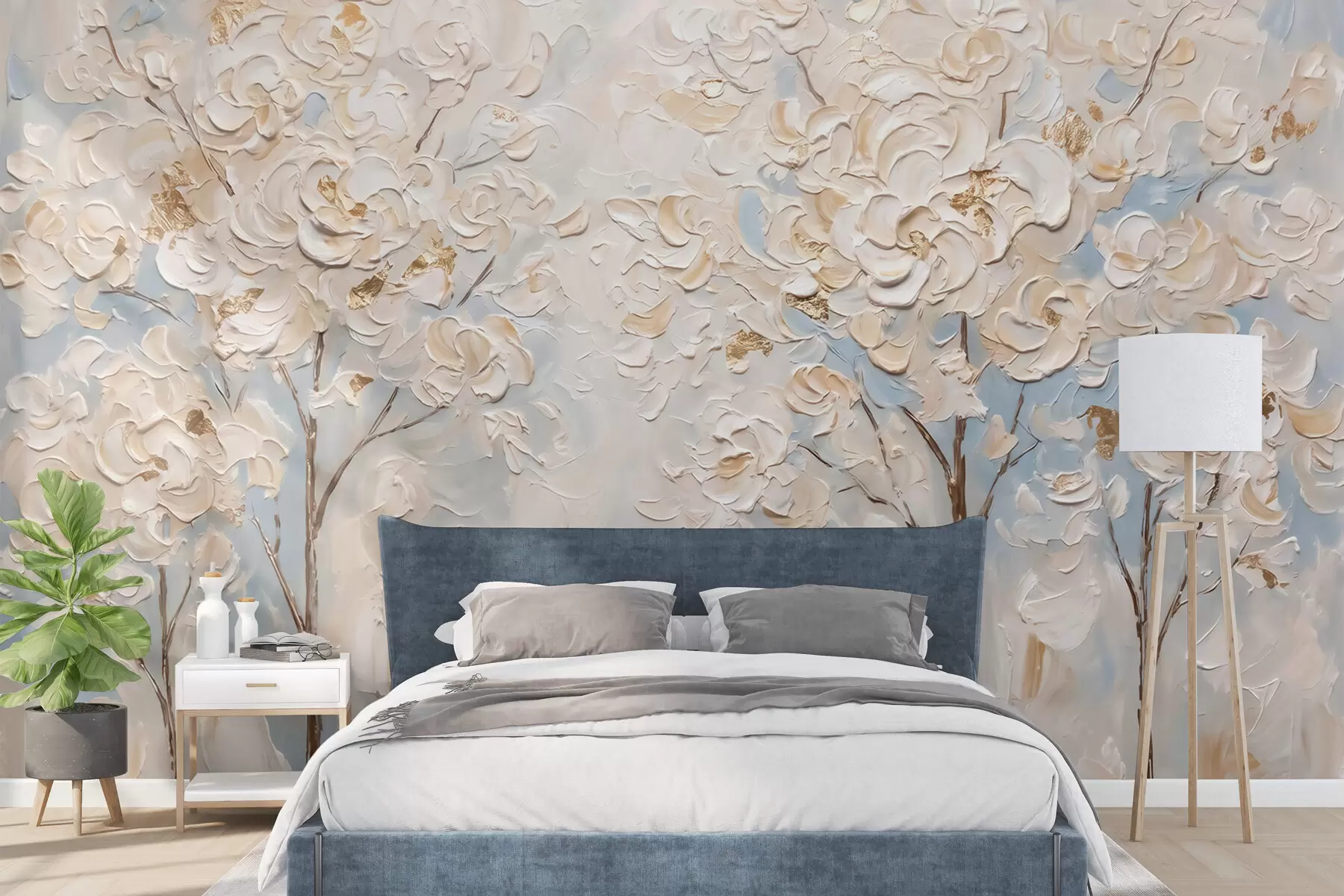 murais de parede Flores brancas volumosas em árvores, imitação de pintura a óleo w10039