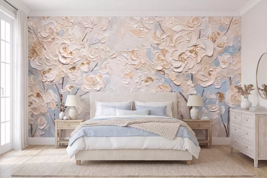murais de parede Flores brancas volumosas em árvores, imitação de pintura a óleo w10039