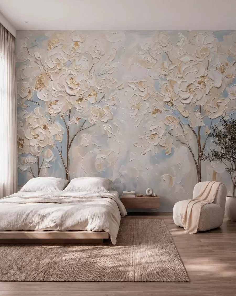 murais de parede Flores brancas volumosas em árvores, imitação de pintura a óleo w10039