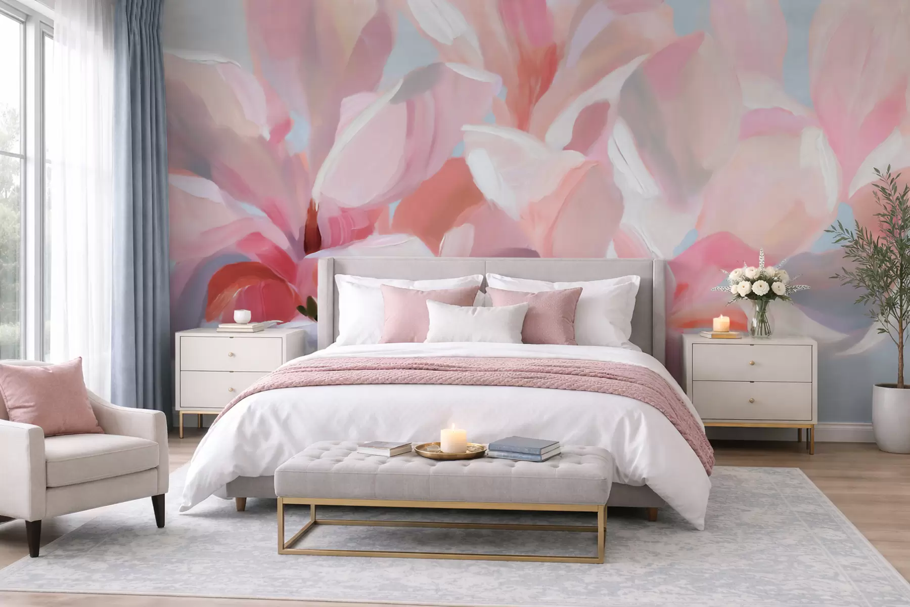 murais de parede Close-up de uma magnólia rosa, imitação da técnica pictórica suave w10043