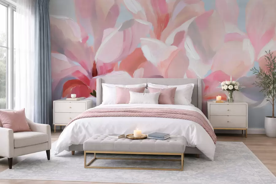 murais de parede Close-up de uma magnólia rosa, imitação da técnica pictórica suave w10043