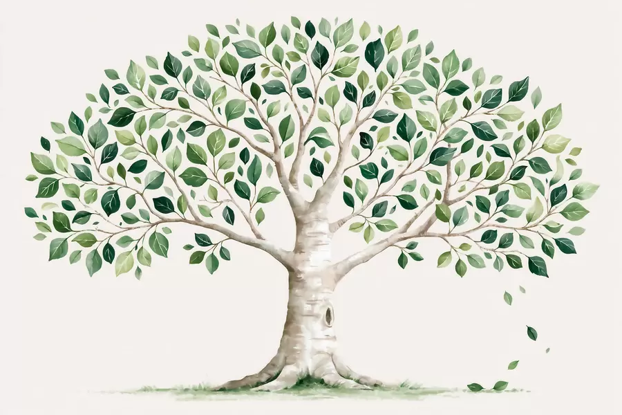 murais de parede Árvore com folhagem verde, estilo aquarela, minimalista w10046