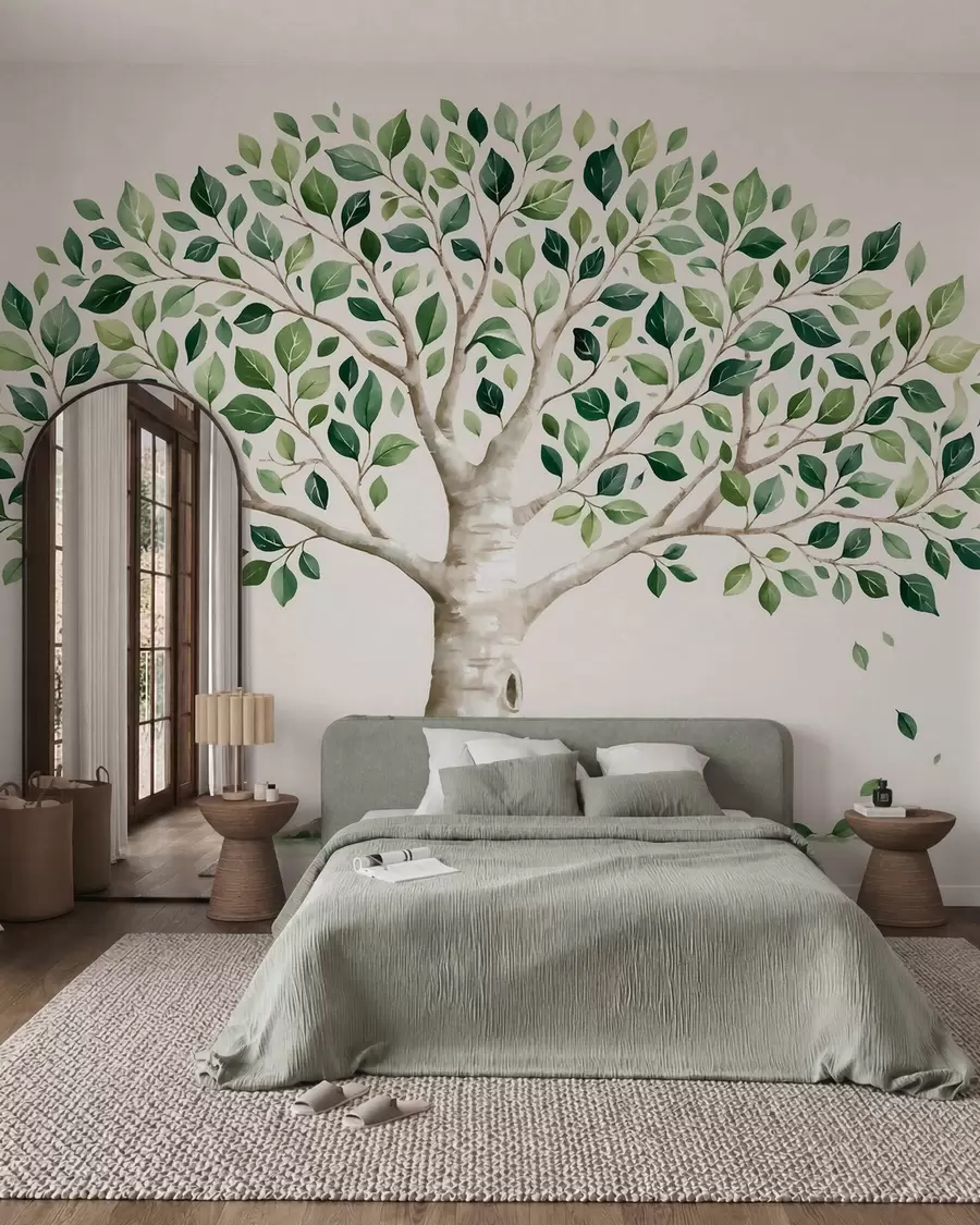 murais de parede Árvore com folhagem verde, estilo aquarela, minimalista w10046