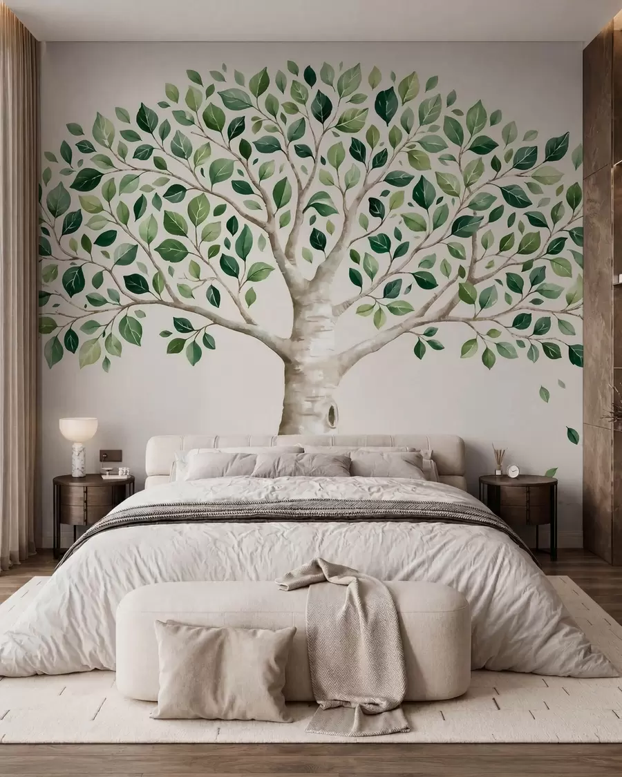 murais de parede Árvore com folhagem verde, estilo aquarela, minimalista w10046