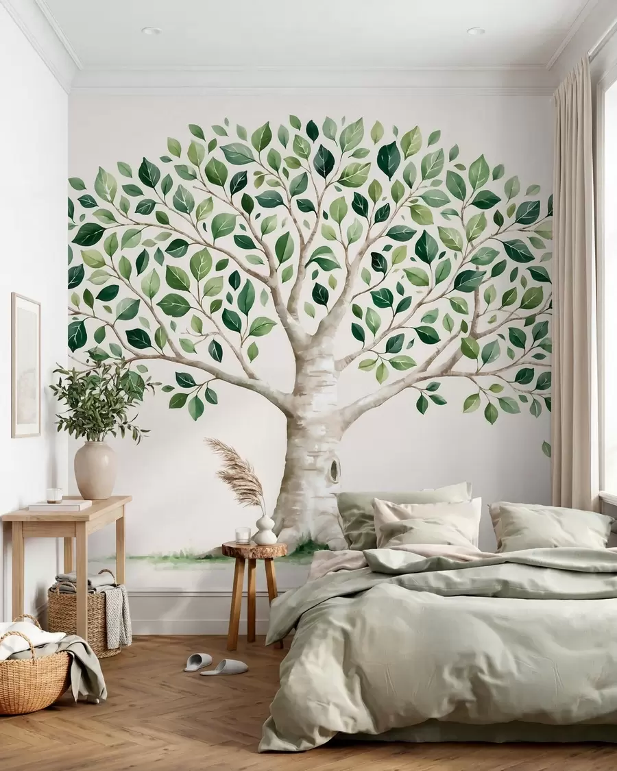 murais de parede Árvore com folhagem verde, estilo aquarela, minimalista w10046