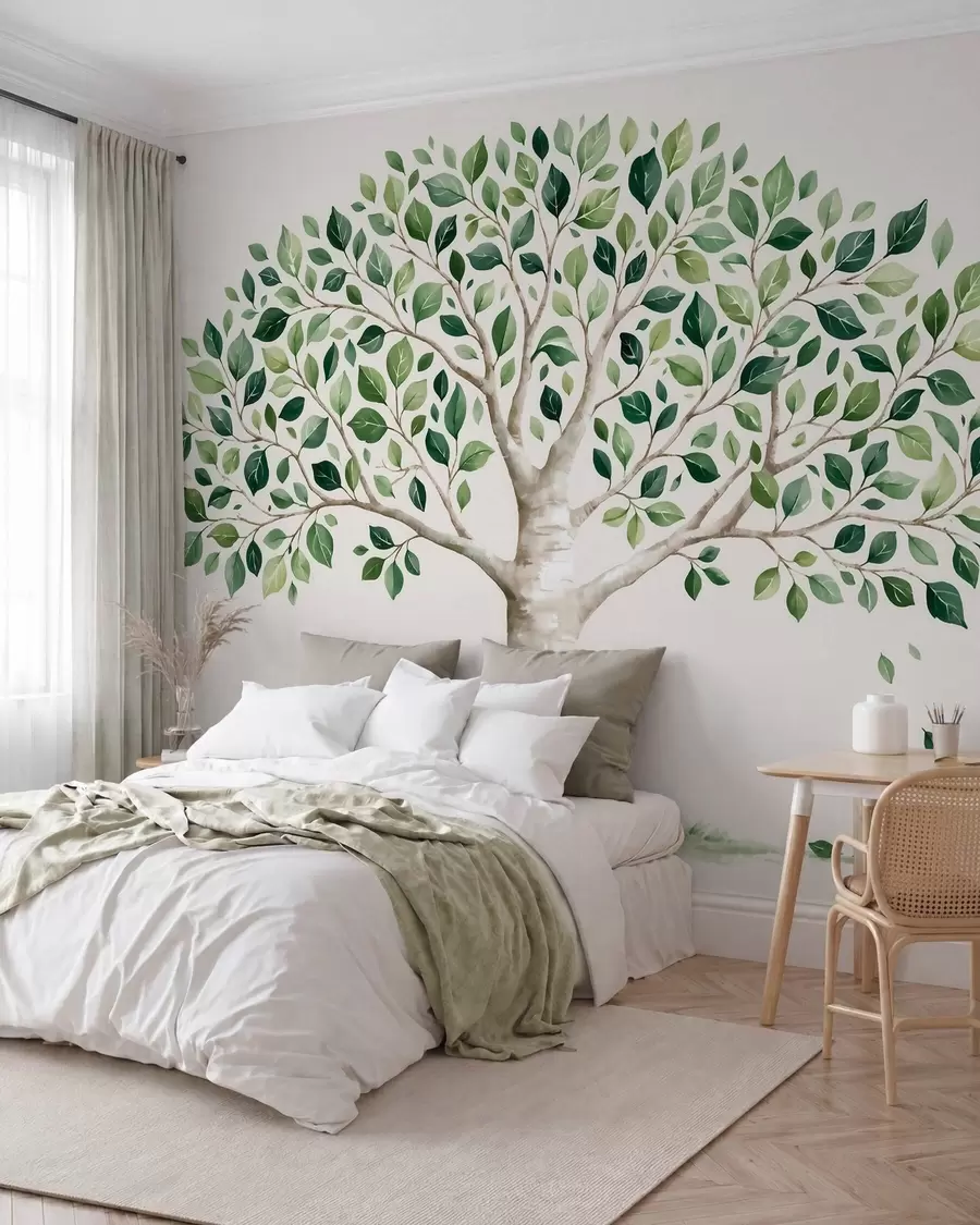 murais de parede Árvore com folhagem verde, estilo aquarela, minimalista w10046