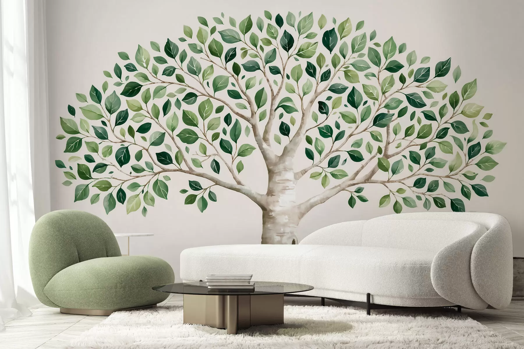 murais de parede Árvore com folhagem verde, estilo aquarela, minimalista w10046