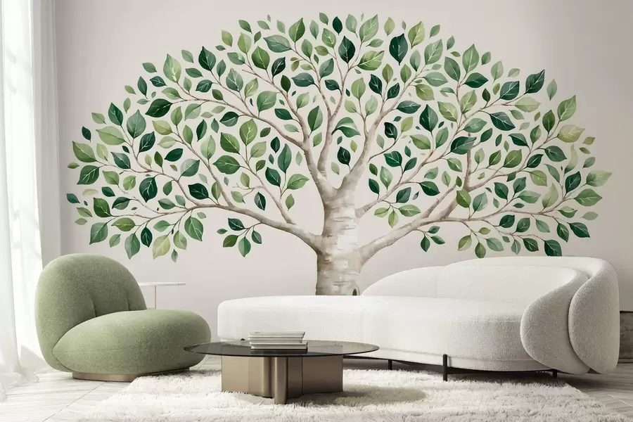 murais de parede Árvore com folhagem verde, estilo aquarela, minimalista w10046