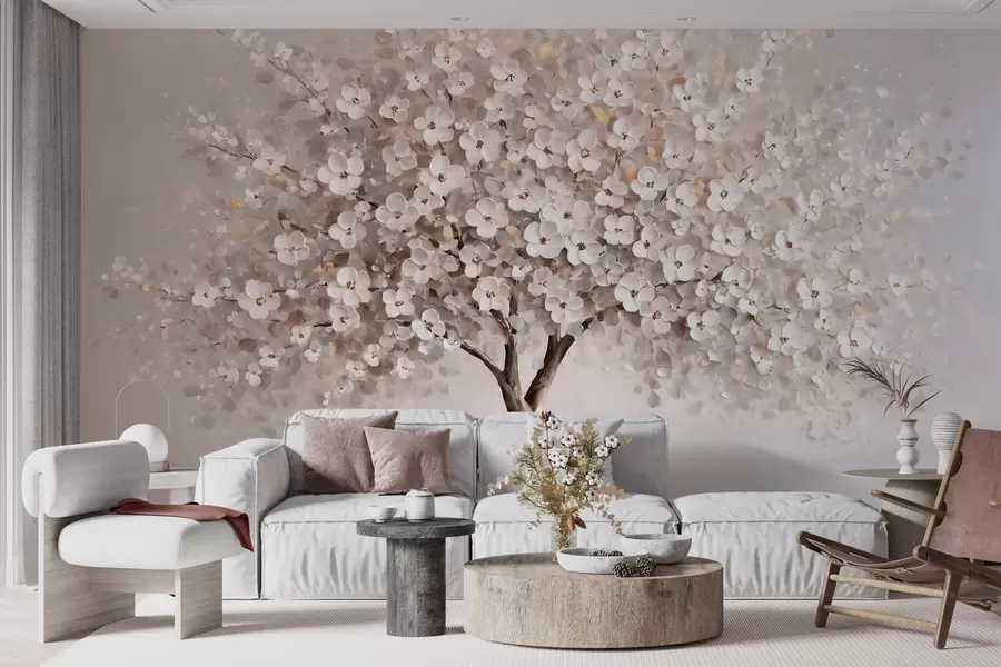 murais de parede Árvore em tons pastéis, com um estilo de pintura a óleo e pinceladas ousadas w10050