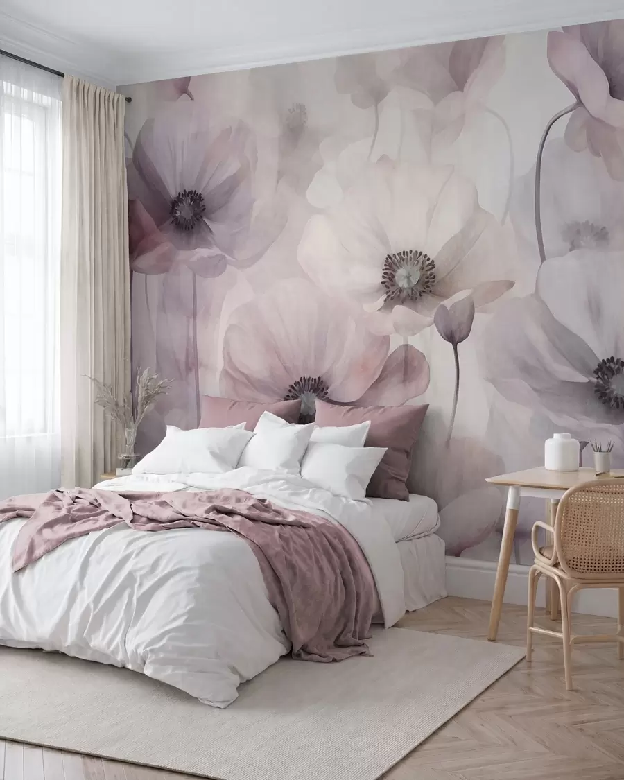 murais de parede Papoulas em tons de rosa claro e branco, com pétalas delicadas w10029v1