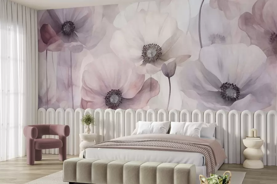 murais de parede Papoulas em tons de rosa claro e branco, com pétalas delicadas w10029v1