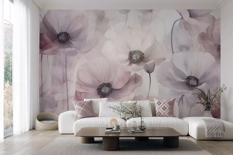 murais de parede Papoulas em tons de rosa claro e branco, com pétalas delicadas w10029v1