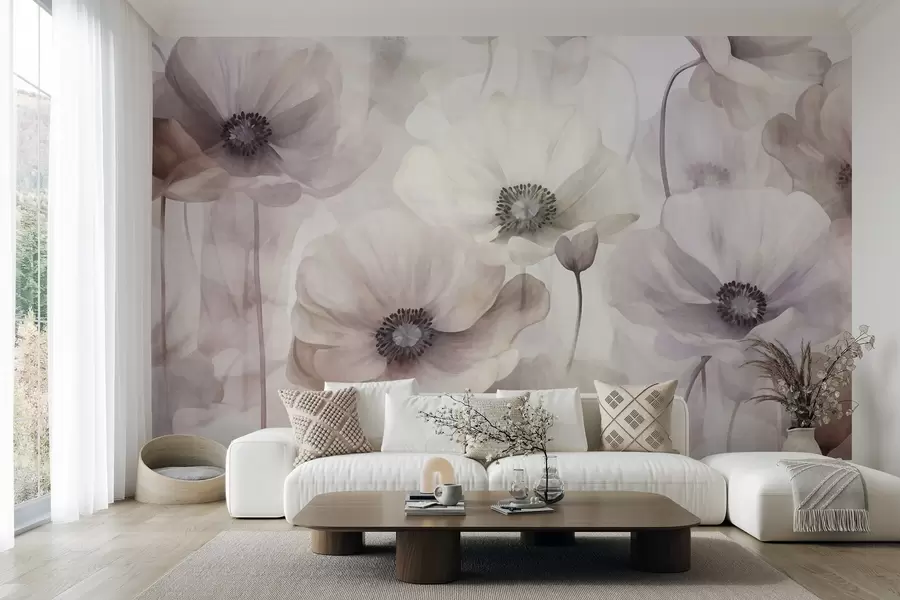 murais de parede Papoulas em tons de rosa claro e bege, com pétalas delicadas w10029