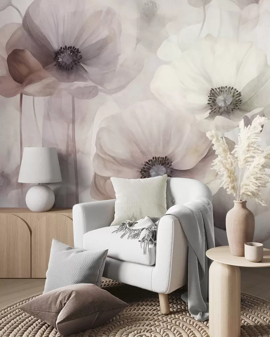 murais de parede Papoulas em tons de rosa claro e bege, com pétalas delicadas w10029