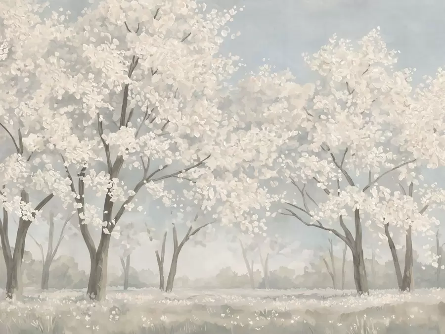 murais de parede Árvores em flor, de cores claras, em um prado com tons pastéis w05897
